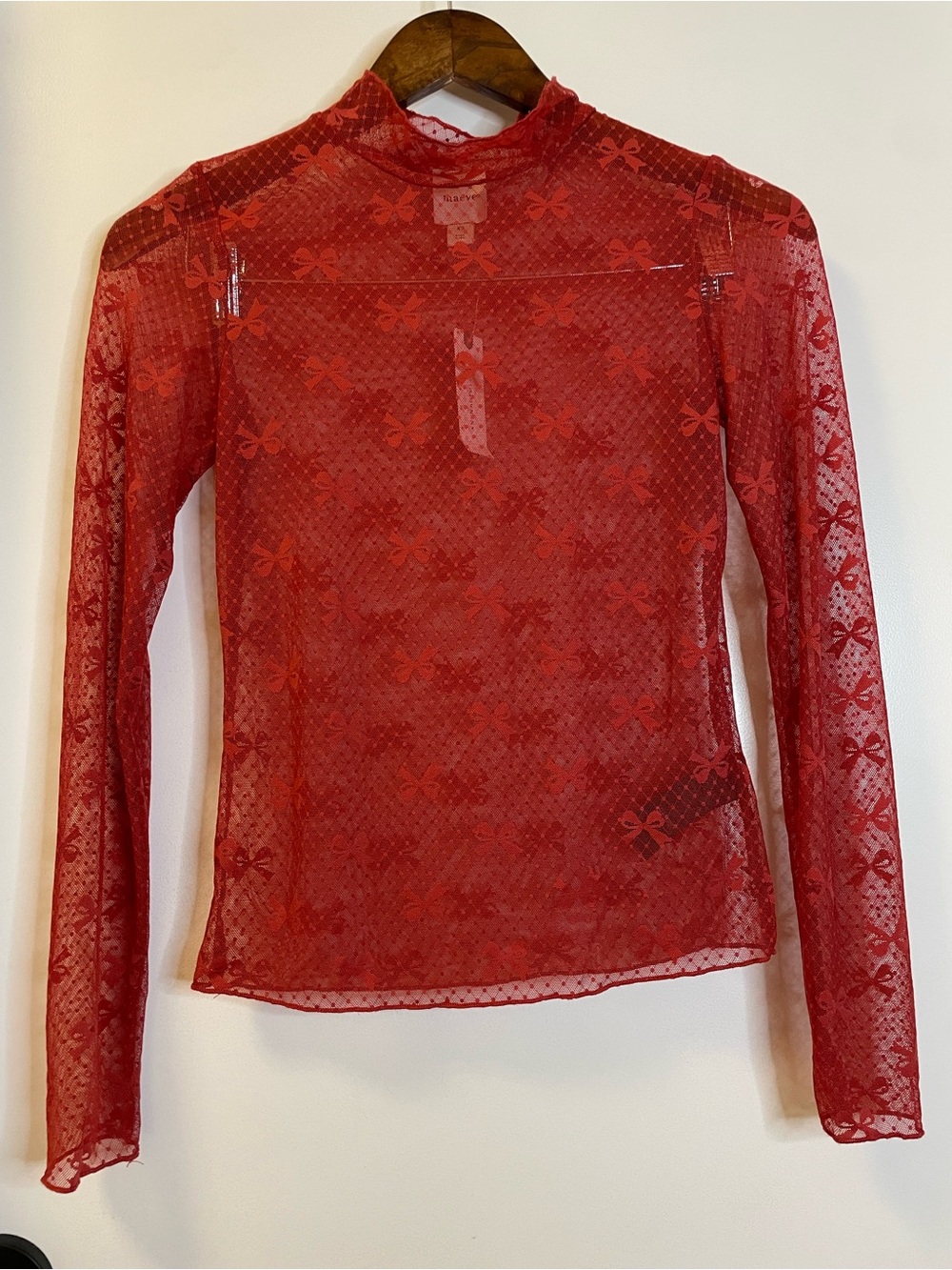 Maeve Red Sheer Lace Long-Sleeve Mock Neck Top